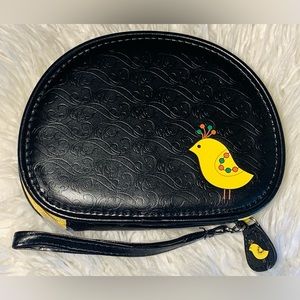 Black and Yellow Wristlet Wallet with Partridge Decoration